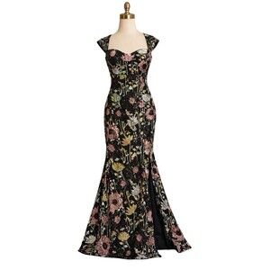 FAERIESTY SEQUIN FLORAL MERMAID GOWN BLACK XS SLIT FORMAL EUC